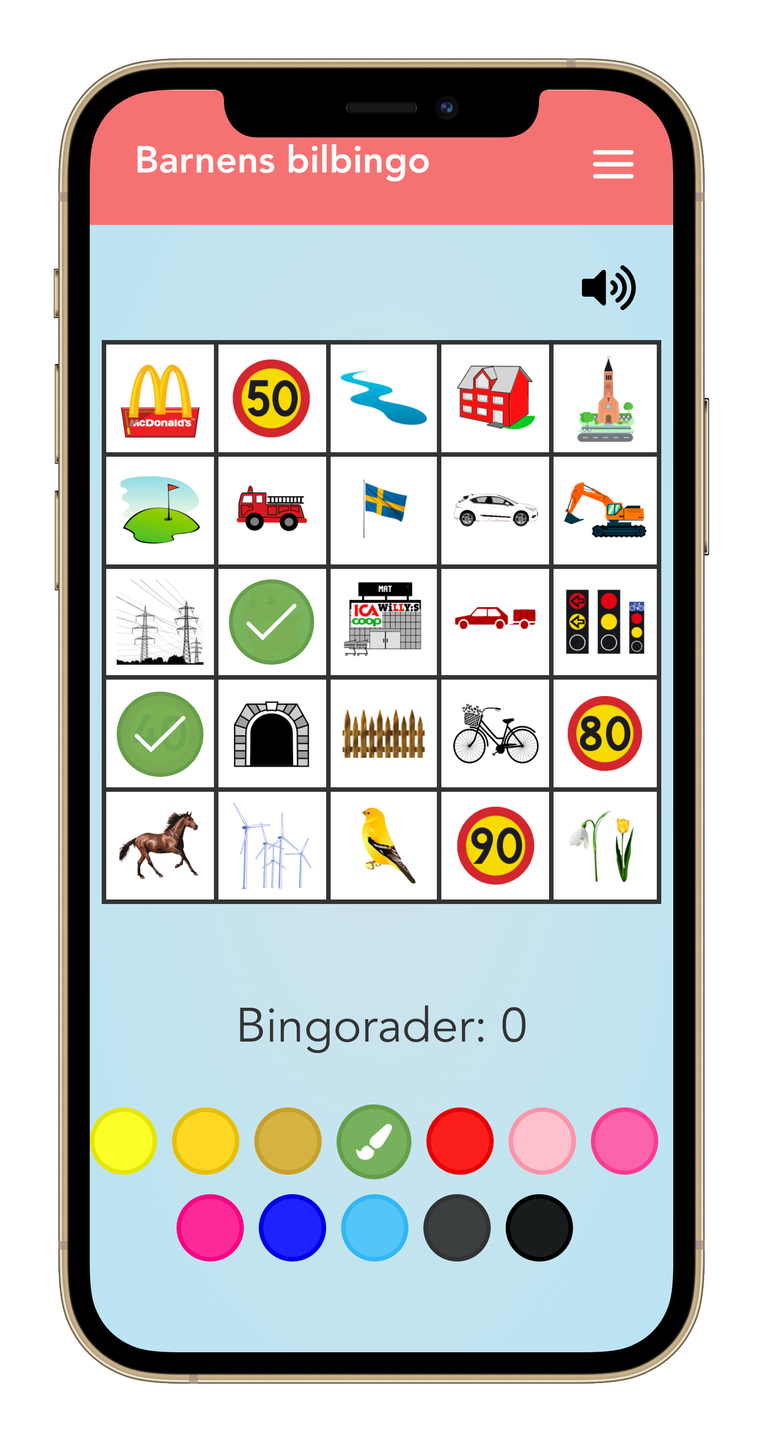 Barnens bilbingo - bingobricka på telefon