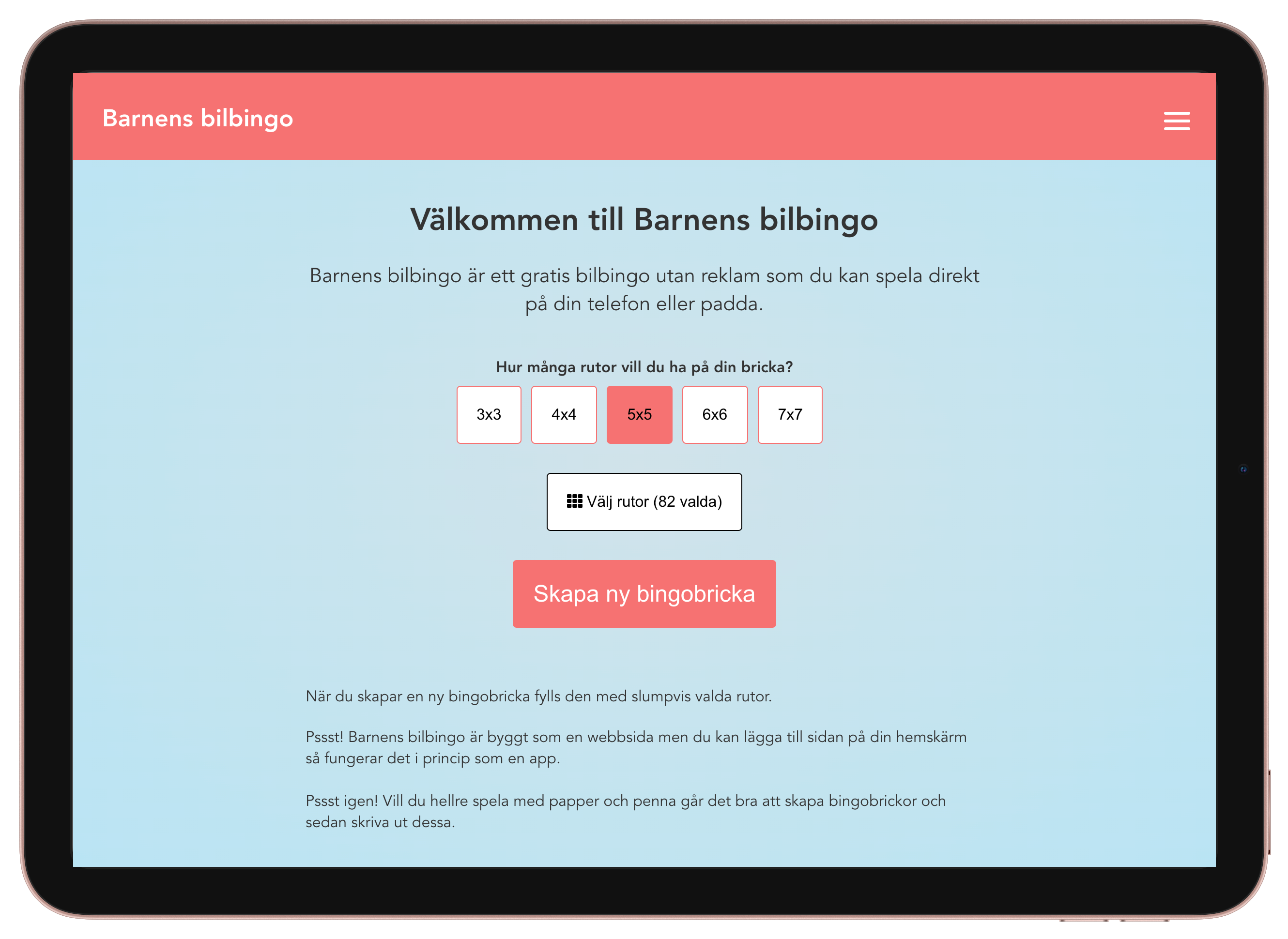 Barnens bilbingo - startsidan